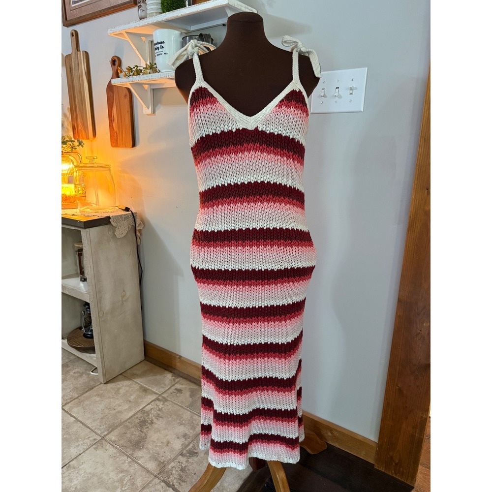 Zara Knit crochet maxi Dress Medium Pink Striped Tie Shoulder Boho Summer